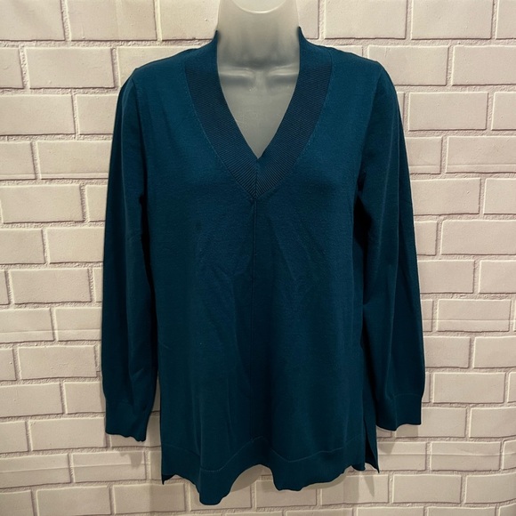 CABLE & GAUGE women v-neck blue-green sweater/size L - Picture 2 of 9